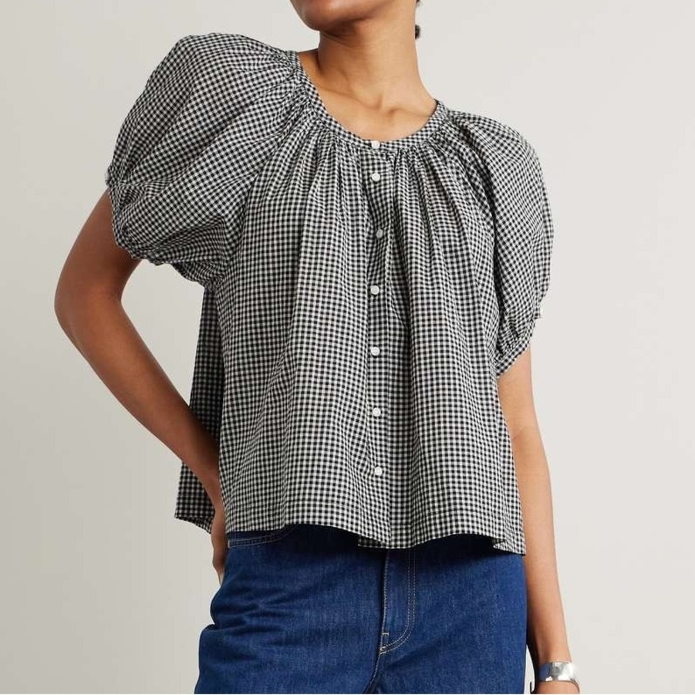 INDUSTRY BLACK COTTON GINGHAM JUNE PUFF SLEEVE TOP COASTAL WESTERN BOHO Ivory M